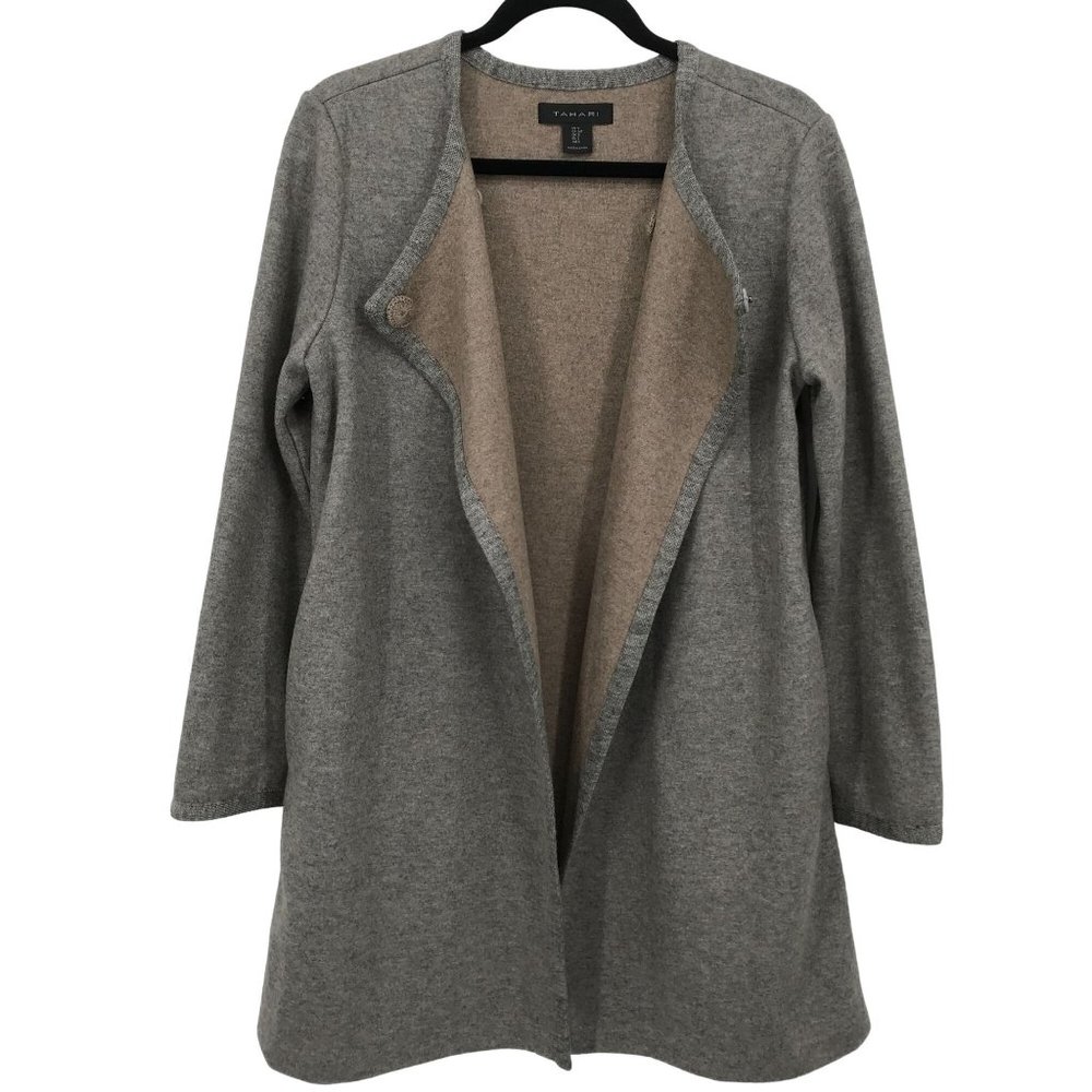 Tahari Gray Open-Front Long Cardigan